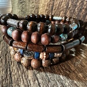 Bohemian Hippie Bracelet Set: Chic Wooden Beads & Coconut Shell | 5-Piece Gift